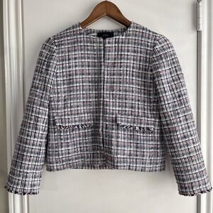 J Crew Womens Size 2 Tweed Jacket Red White Blue Academia Preppy Office Career